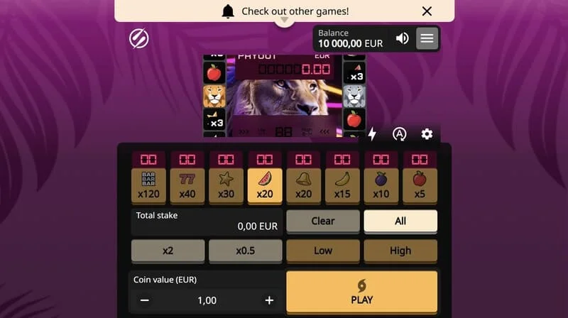 Lion Zama Fruits Bonus Spins - glavni zaslon sadnega avtomata z levjo podobo iz serije African Big 5